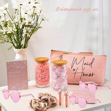 15 pezzi Set regalo per damigelle d'onore, include 5 borsette per il trucco delle damigelle, 5 bicchieri a forma di cuore, 5 scrunchies per capelli, per matrimonio e addio al nubilato