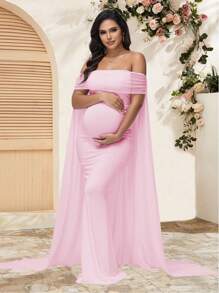 JustVH Maternity Elegant Mesh Off-Shoulder Dress For Baby Shower, Cloak Maxi Women Outfit - Pink - View 4