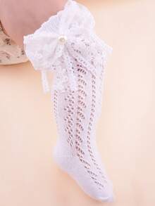 Calcetines de malla transpirable con volantes de encaje tipo princesa, nuevos calcetines de transferencia con perlas, calcetines largos de tobillo para niñas bebés y niños pequeños de 0 a 3 años, color blanco - Blanco - Ver 3