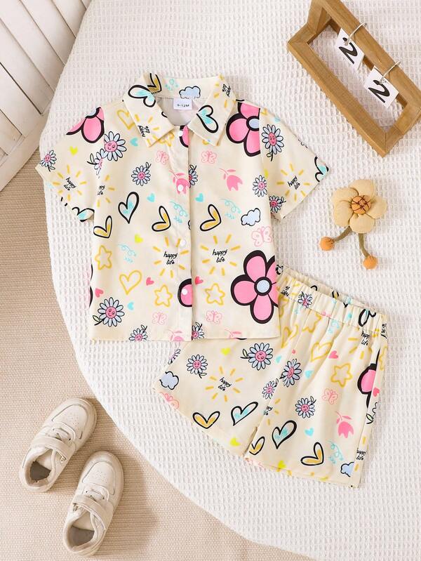 2pcs Baby Girls Floral Print Shirt + Shorts Set, Cute Toddler Outfit For Summer