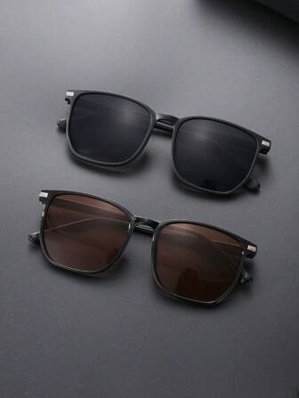 2 件男士复古夏季亚克力休闲方形铆钉装饰黑色和棕色时尚太阳镜套装