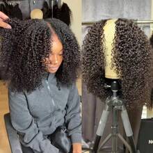 200% Density Kinky Curly V Part Wig For Women - Glueless Full Head Clip-In, No Leave Out, Natural Black, Easy 5-Minute Installation, Beginner Friendly, Versatile Style For All Ethnicities, Beginnerfriendly Wig | Voluminous Curls Wig | Brazilian Human Hair - Natural Black - View 3