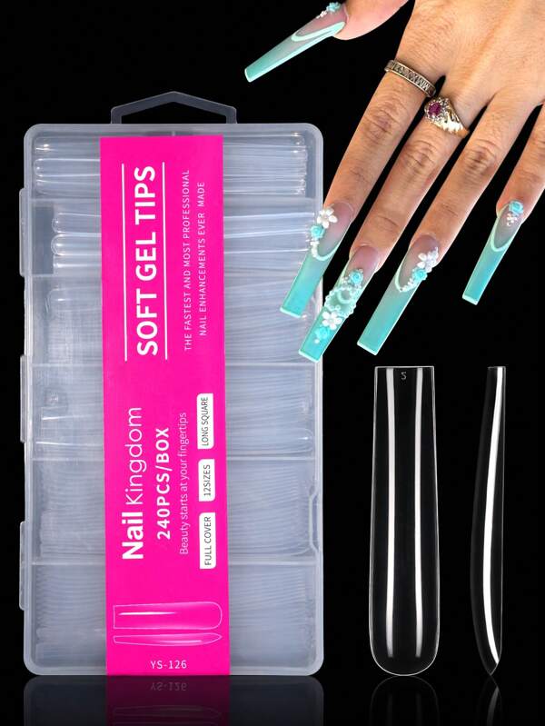 240pcs Box/12 XXXL Coffin-Shaped Transparent False Nails, Suitable For Home And Beauty Salon Manicures, DIY Nail Art Sticker Design (240pcs Box /240pcs Bag /120pcs Bag)