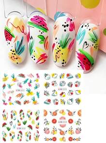 1 Stück 12 Design Sommer Nägel Cartoon Frucht Party Abstrakte Linie Nagel Wasser Aufkleber, Aquarell Wassermelone Zitrone Orange Scheiben Erdbeere Abziehbilder Wassermarke Charm Dekoration (ohne Klebkraft)