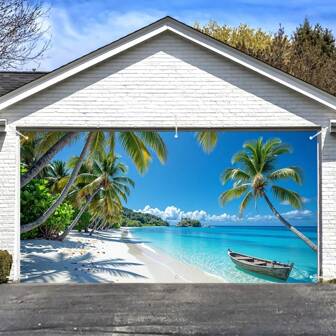 2D Tür Banner, 1 tropischer Küsten-Boot Garagentor Abdeckung - lebendige Polyesterfaser Dekoration mit Palmen und türkisfarbenem Meerwasser, perfekt für Veranstaltungen, Feiertags-Themen, Outdoor-Feiern, Strand-Dekorationen