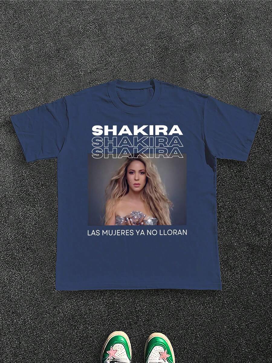 100% 220gsm Heavyweight Cotton Men's TShirt, Stylish Shakira Las Mujeres Ya No Lloran Personalized Print, Perfect For Concerts & Casual Wear, Ideal For Shakira Fans, A Great Gift Choice - Blue - View 1