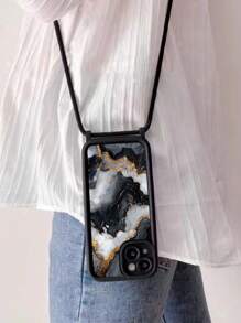 Marble Painted Simple Recessed Black Shoulder Strap Lanyard Phone Case Fit For IPhone16/IPhone15/XR/IPhone16PROMAX/7p8p/P12promax/P13promax/P14PROMAX/P13/P14/P11/P12/P14 Cute Fashionable Thick Protective Cover For XS/S/XSMAX/78GES2, A03s,A03core,A04,A12,A13,A14,A21s,A22,A23,A24,A32,A33a34,A5 A51A52,A53,A54