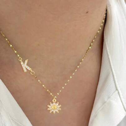 1pc Simple Classic Pave Zirconia Initial Sunflowers Pendant Golden Stainless Steel Lip Chain Necklace For Women
