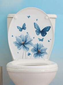 1/2pcs Flower Toilet Stickers Butterfly Toilet Lid Decals, Removable Self-Adhesive Waterproof Bathroom Wall Sticker, Decorative For Bathroom, Bathroom Decor, Wall Art For Home Cistern Restroom Bathroom Decals