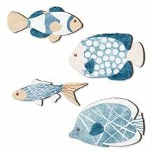 Juego de 4 decoraciones de pared de madera con forma de peces, decoración costera, decoración náutica colgante para baño