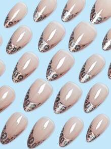 30 piezas de uñas postizas cortas con forma de almendra, set de uñas con diseño de estampado de leopardo y estilo francés de ojo de gato, adecuado para presionar las uñas, apto para uso en vacaciones, fiestas, con amigos, citas y uso diario