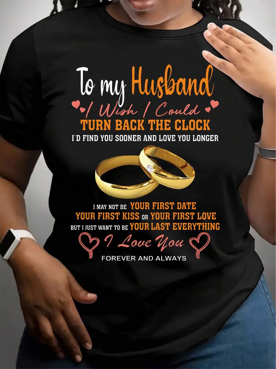 Plus Size Women Pure Casual T Shirt Romantic To My Husband Love Letter Graphic With Golden Wedding Rings Short Sleeve Round Neck Comfortable Sportswear Black Ribbon Design Perfect Anniversary Gift Or Daily Wear Women Size L-3XL 4XL 5XL - màu đen - Xem 1