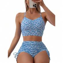 Bikini Sets For Women Floral Print Top And Drawstring Side Shorts Bikini Bathing Suits 2 Piece Swimsuit - Blue Ditsy Floral - 查看 1