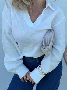 Jeta Ari Women'S Casual Turn-Down Collar Half Placket Long Sleeve Shirt,Long Sleeve Tops - White - View 5
