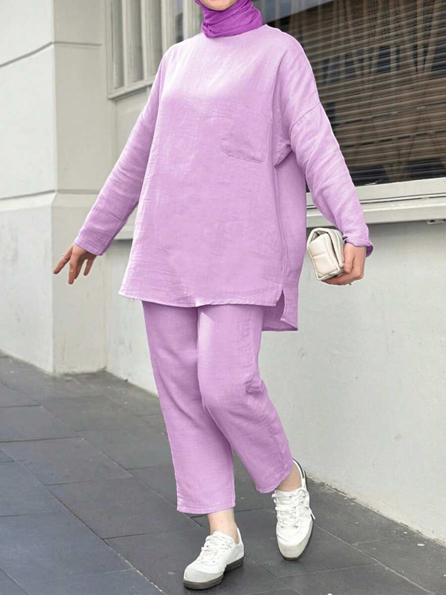 Christmas Loose Casual Middle Eastern Arabic Style Drop Shoulder Solid Color 2 Piece Set Women Outfit, Christmas Outfit, New Year Party Outfit, Elegant Women Suit, Casual Women Set, Holiday Wear, Winter Clothing - Purple - View 1