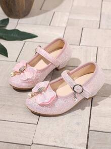 Zapatos de niña tipo Mary Jane, zapatos de vestir de princesa de tacón bajo, bailarinas con brillo aptas para bodas, fiestas, lazos, tallas de niña pequeña y niña - Rosa - Ver 1