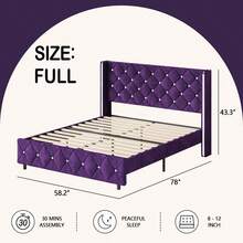 Queen Bed Frame With Headboard, Velvet Upholstered Bed With Wingback And Diamond Tufted Design, Wood Slat Support,  Modern Bed Frame, Twin Bed Frames/ Full Size Bed Frame/ Queen Bed Frame/ King Size Bed Frame Black/Pink/White/Blue/Green/Purle - 紫色 - 查看 7