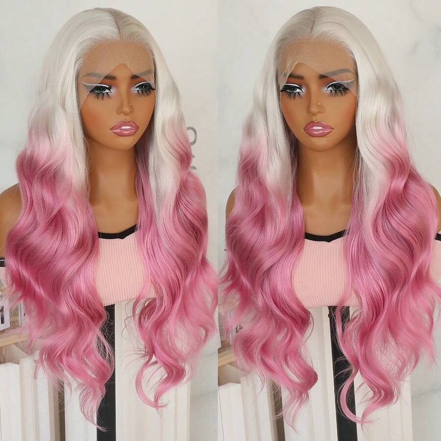 White Roots Ombre Hot Pink Color Body Wave Synthetic Lace Front Wig Pre Plucked Baby Hair Natural Hairline 26 Inch 180% Density Long Wavy Hair Lace Front Wigs 13x4 Free Part For Fashion Women Girls Daily Party Use Ready To Wear Heat Resistant Fiber - 拼色 - 查看 1