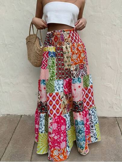 New Autumn Fresh Cute Floral Print Casual Bohemian Ruffled Smocked Patchwork High-End Elegant Hawaiian Vacation Style Versatile High-Waist Adjustable Waistline Leg-Lengthening Ladies' And Girls' Midi Skirt,Suitable For Daily Wear, Home Wear, As Well As Occasions Like Independence Day, Graduation, Dating, Beach Activities, Festivals, Honeymoons, Music Festivals, And Carnivals.