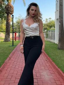 Jeta Ari Women's Elegant Lace Strap Wrap Bodysuits For Commute - White - View 7