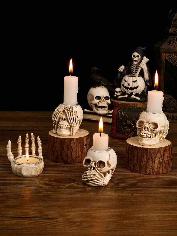 1 Stück/3 Stücke Set Harz Halloween Deko Kerzenhalter mit Totenkopf, Festival Zubehör
