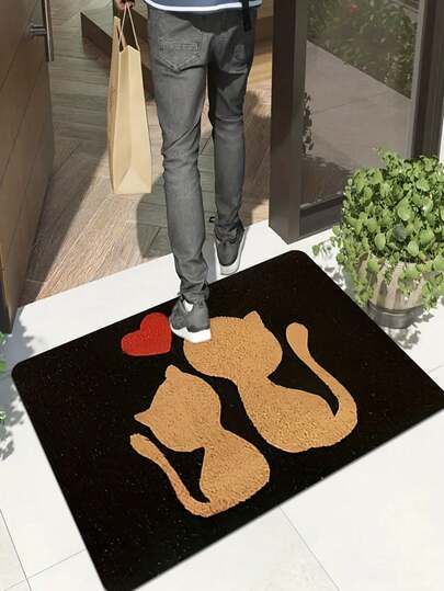1/2 pièces Tapis de sol avec motif chat sur fond noir, tapis discret pour les fêtes, convient pour les cuisines à la maison, en polyester lavable en machine, décoration de maison - doux et durable