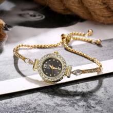 1 Stück Uhr mit Strass, goldfarbenes/silberfarbenes rundes Zifferblatt, Quarzuhrwerk, verstellbares Armband, raffinierte Party-/Geschenkuhr
