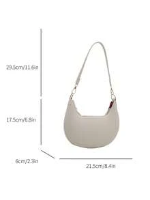 1pc Zipper Closure PU Solid Color Crescent Moon Shaped Shoulder Bag, Fashion Vintage Style For Office Lady Daily Work Use - Beige - View 10