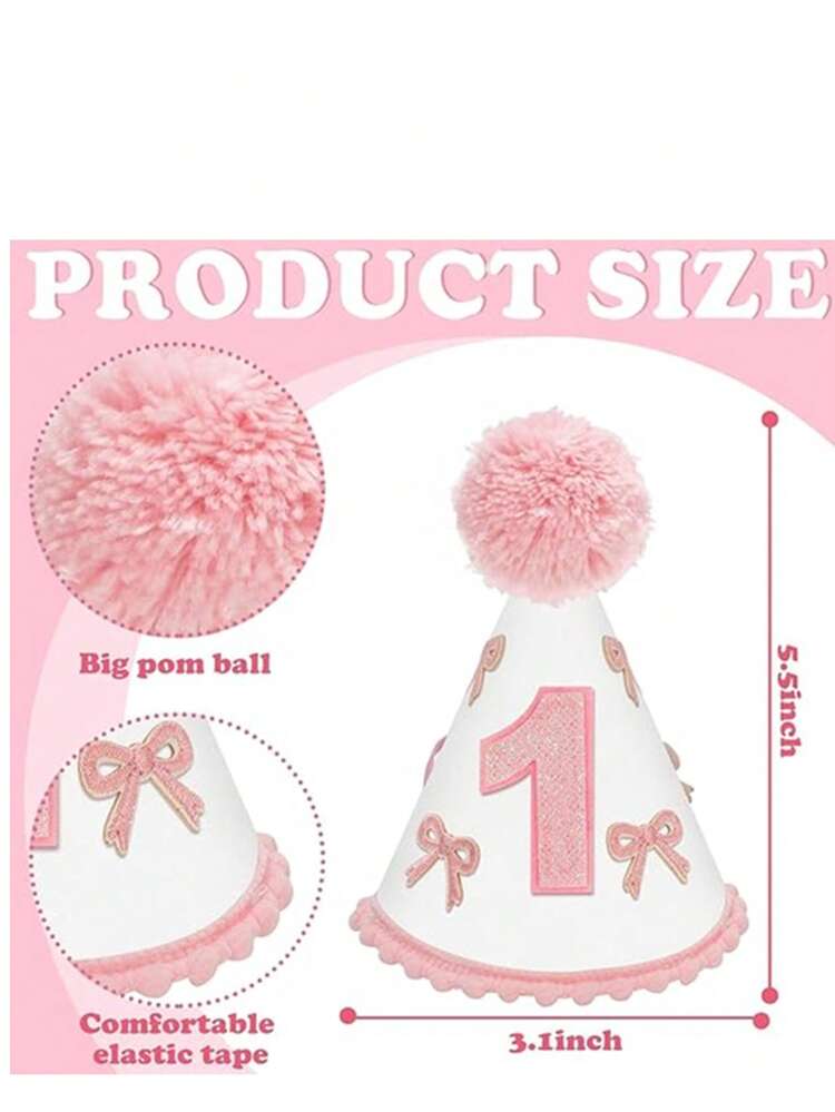 1st Birthday Bowknot Hat, First Gift For Infant, Pink Crown Party Princess, Infant Photoshoot Props, Baby Milestone Outfit, Baby First Birthday Photography Props, Children's Birthday Party Decoration, Headwear, Photography, Decorations, Baby Girl Cake Smash Photo Props, First Birthday Girl - Pink - View 2