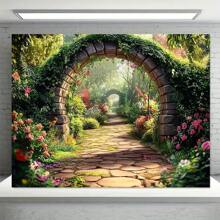 1pc 2D Banner Spring Garden Bridge And Blooming Flowers Wall Decor - Easy Hanging Design, Suitable For Parties And Outdoor Celebrations, Outdoor Garden Decor, No Electricity Required