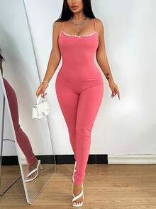 Lace Trim Bow Accent Fitted Jumpsuit, Street Style - Pink - View 2