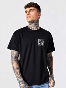 (220g Pure Cotton T-Shirt) Men Plus Size Summer Casual Tee Round Neck Short Sleeve T-Shirt 1Pcs With Mysterious And Edgy "Suicide Boys" Black - And - White Design Double Sided Digital Print - màu đen - Xem 2