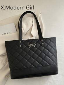2025 New Rhombus Pattern Casual Large Capacity Bow Decor Tote Bag, Minimalist Fashion Handbag