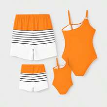 Pantalones cortos de natación con cordón naranja a juego para la familia o Traje de baño de una pieza naranja con tirantes - Naranja - Ver 2