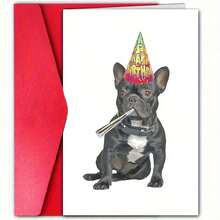Cartão de aniversário alegre com envelope para buldogue francês, perfeito para amigos, familiares e entes queridos em seu dia especial - com um cachorro em um chapéu de festa, ideal para o Natal