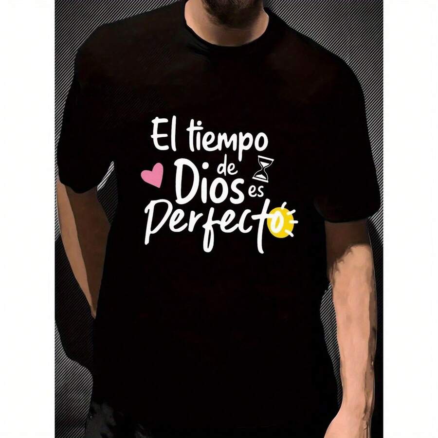 God'S Protection Pink Heart Printed Shirt Simple Versatile T-Shirt Soft Skin Friendly Short Sleeved Fashion Novelty Tops Also For Women - 黑色 - 查看 1