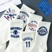 1/5 أزواج جوارب طاقم رياضية نسائية لافتات وخطوط ملونة، قابلة للتنفس، جوارب للأزواج