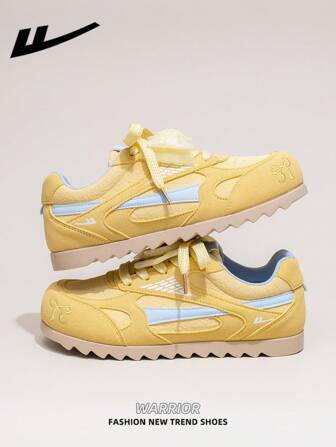  1 双 WARRIOR 女式厚底系带软底休闲运动鞋，圆头低跟防滑纯色优雅软底户外/通勤适合学生拍摄毕业照，低帮皮革运动滑板鞋