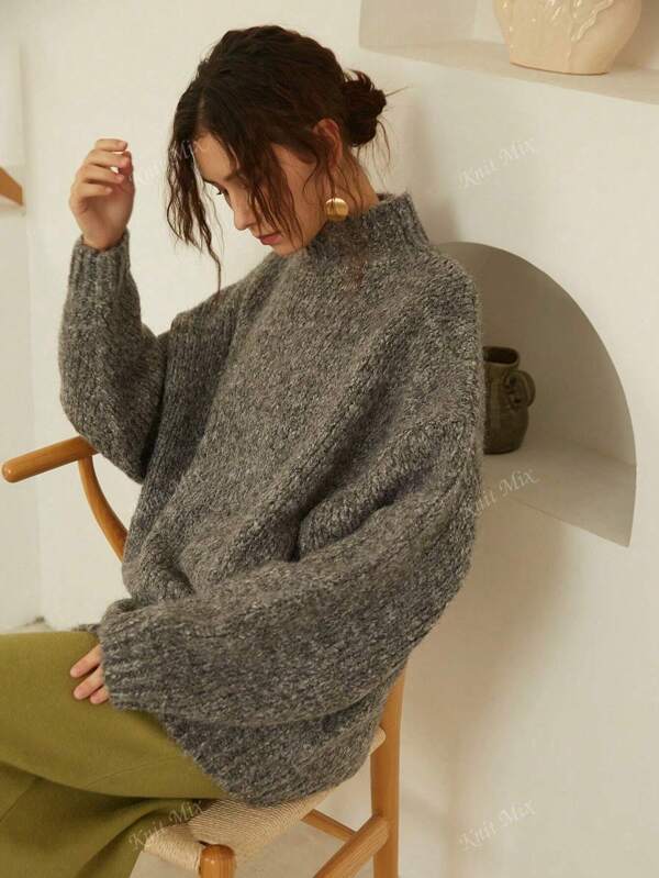Knit Mix Women's Thick Knit French Style High Neck Long Sleeve Sweater, Plus Size Retro Pullover For Fall And Winter, Casual Everyday Wear Back To School Fall Women Clothes Autumn