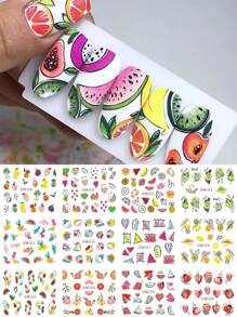 1 Stück 12 Design Sommer Nägel Cartoon Frucht Party Abstrakte Linie Nagel Wasser Aufkleber, Aquarell Wassermelone Zitrone Orange Scheiben Erdbeere Abziehbilder Wassermarke Charm Dekoration (ohne Klebkraft)