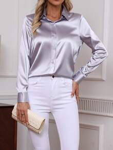 Blusa elegante de manga larga con botones y color liso para mujeres, top clásico para el trabajo, nuevo lanzamiento 2025