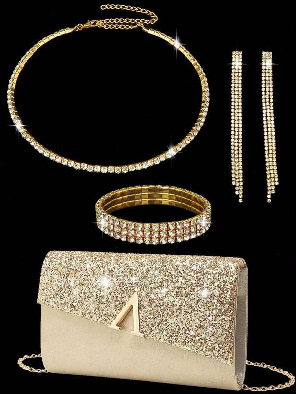 4 Teile Frauen Strass Ohrclip, Braut Halskette, Armband und Ohrringe Set für Hochzeit, Party und Abend
