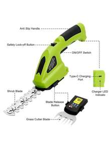 Taille-haies et tondeuse à gazon sans fil, lames en alliage de titane, rechargeable USB, outil de jardinage portatif, cisailles et coupe-herbe, décoration de jardin extérieur avec fond de décoration de vacances (batterie intégrée 2000 mAh)