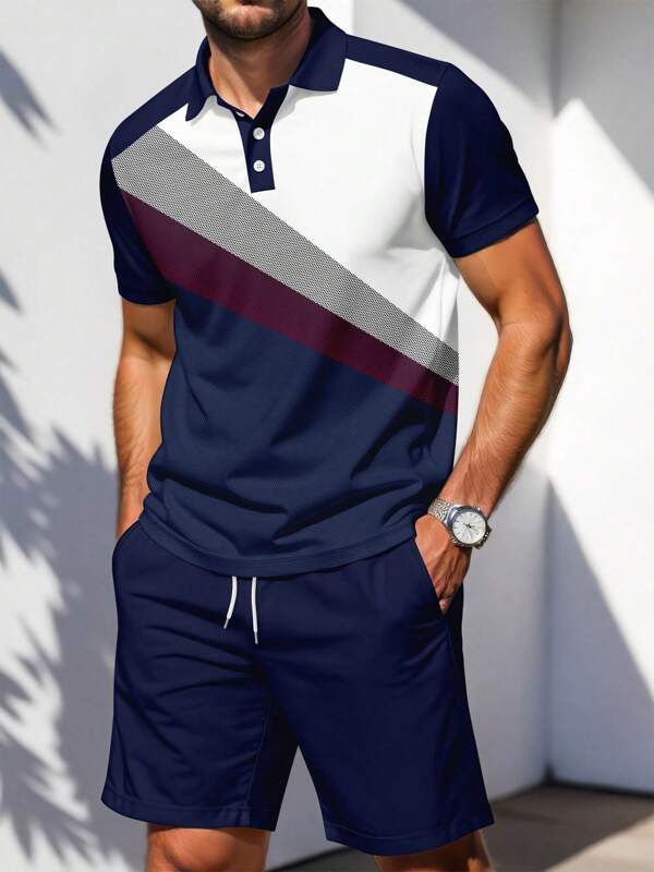 Plus Size Men's Casual Business Commute Colorblock 3D Print Short Sleeve Polo Shirt Set, Summer