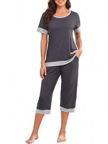 S.PrinStory Women's Pajama Set Short Sleeve Shirt And Pants Sleepwear Pjs Sets Lounge Set - Dark Grey - View 1