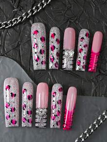 CrystalHola 10pcs Handmade Press On Nail Fake Nails, Pink Nails, Rhinestones, Stickers,DIY,Nail Supplies, Fake Nails, French Style, Extra Long Ballerina ,Flower Style Full Coverage Fake Nails, Hot Girl Style, Upgrade Your Look, Suitable For Parties/Music Festivals And Daily Wear, Women/Girls Travel, Party - 彩色 - 查看 2