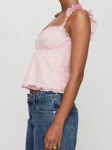 Sexy Lace Ruffled Strap Bow Design Lace Patchwork Sleeveless Tank Top, Spring/Summer New Arrival Casual Pink - Pink - View 5