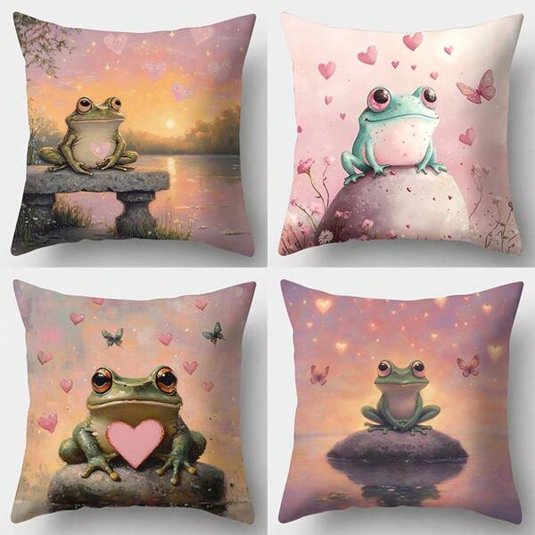 4-Piece 17.7" X 17.7" Frog Pattern Decorative Throw Pillow Covers, Single-Sided Printed, Home Decor Sofa Back Cushion Covers Without Insert