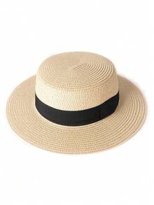 1 件平顶平檐米色黑色带草帽