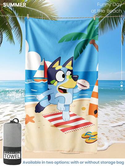 Bluey 1条蓝色沙滩巾，可爱蓝色图案泳装浴巾，时尚沙滩巾，超强吸水浴巾，适用于浴室、游泳、健身、瑜伽，柔软舒适的超细纤维毛巾，轻便易携，防风防紫外线，防沙，适合夏季旅行、度假、浴室装饰，可选配收纳袋